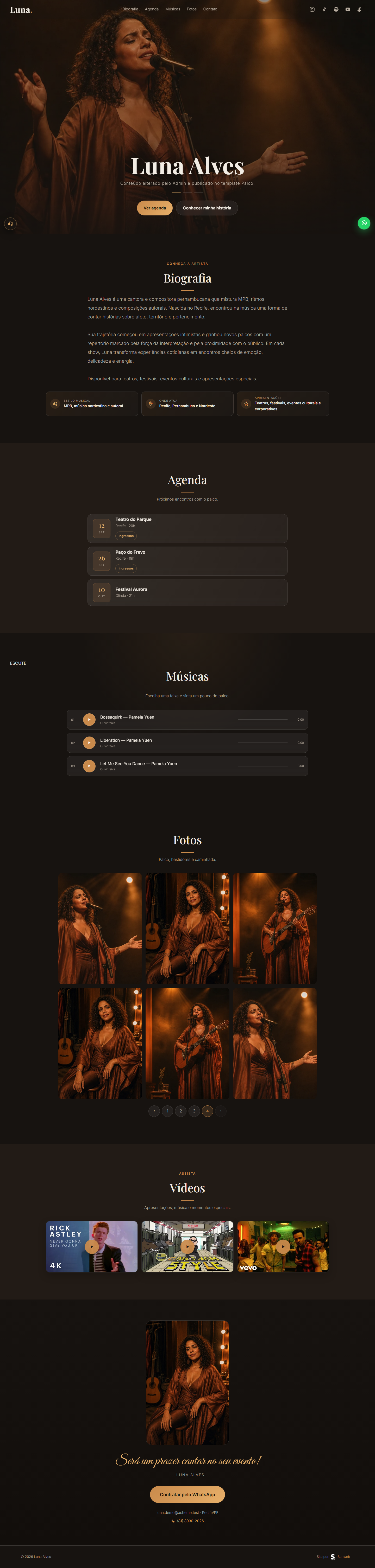 Site demonstrativo de uma cantora no modelo Palco